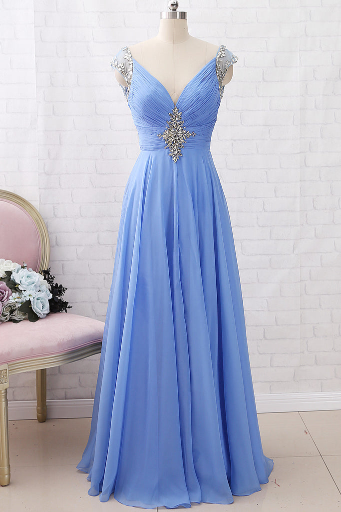 MACloth Cap Sleeves with Beaded Chiffon Long Prom Dress Sky Blue Formal Evening Gown