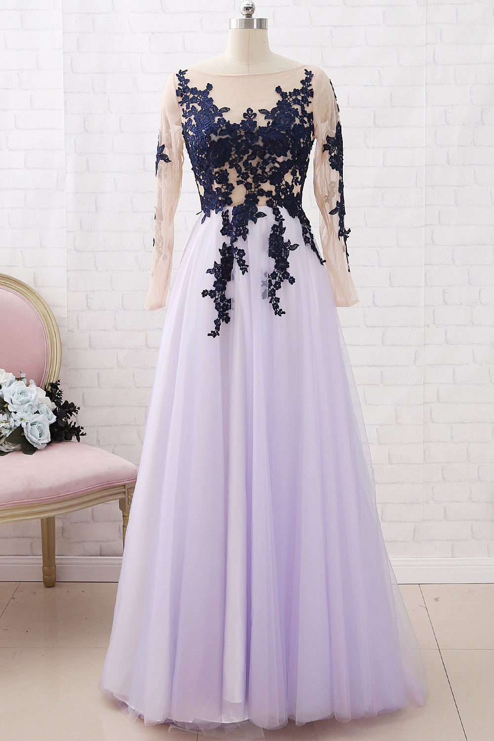 Macloth Long Sleeves Lace Tulle Dark Navy Maxi Prom Dress Formal Evening Gown US22W / Dark Navy Macloth Long Sleeves Lace Tulle Dark Navy Maxi Prom Dress Formal Evening Gown US22W / Dark Navy