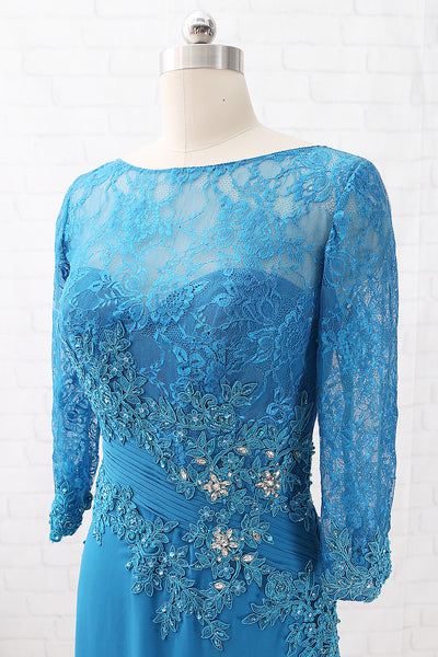 MACloth 3/4 Sleeves Lace Chiffon Teal Evening Gown Maxi Mother of the Brides Dress