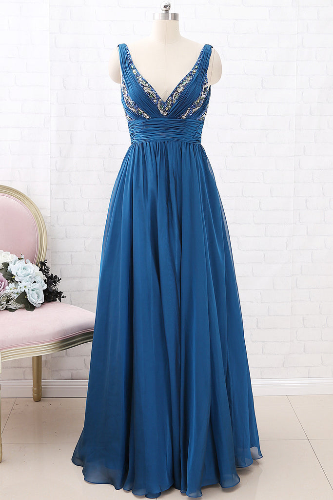 MACloth Straps V Neck Teal Long Prom Dress Chiffon Formal Evening Gown