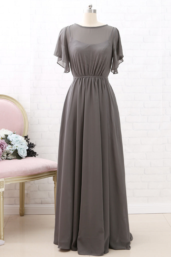MACloth Short Sleeves Chiffon Long Bridesmaid Dress Grey Wedding Party Formal Dress