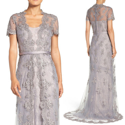 MACloth Cap Sleeves Lace Long Evening Gown Silver Mother of the Brides Dress
