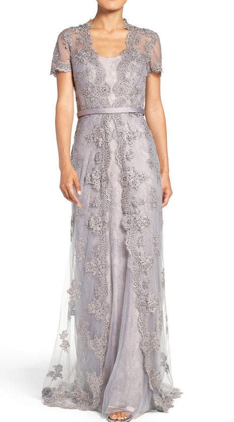 MACloth Cap Sleeves Lace Long Evening Gown Silver Mother of the Brides Dress