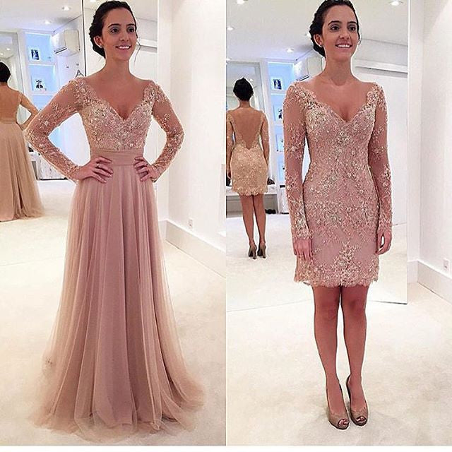 MACloth Two Piece Long Sleeves Lace Pearl Pink Evening Gown Wedding Party Dress