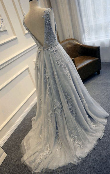 MACloth Straps A Line Lace Long Prom Dress Silver Ball Gown