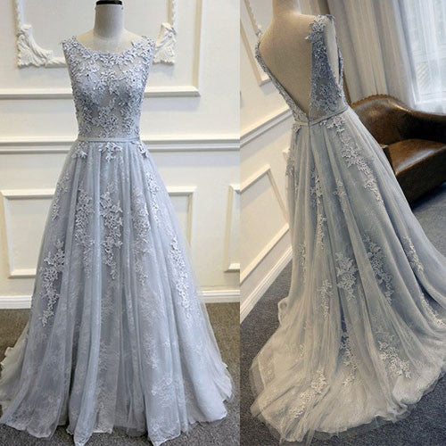 MACloth Straps A Line Lace Long Prom Dress Silver Ball Gown