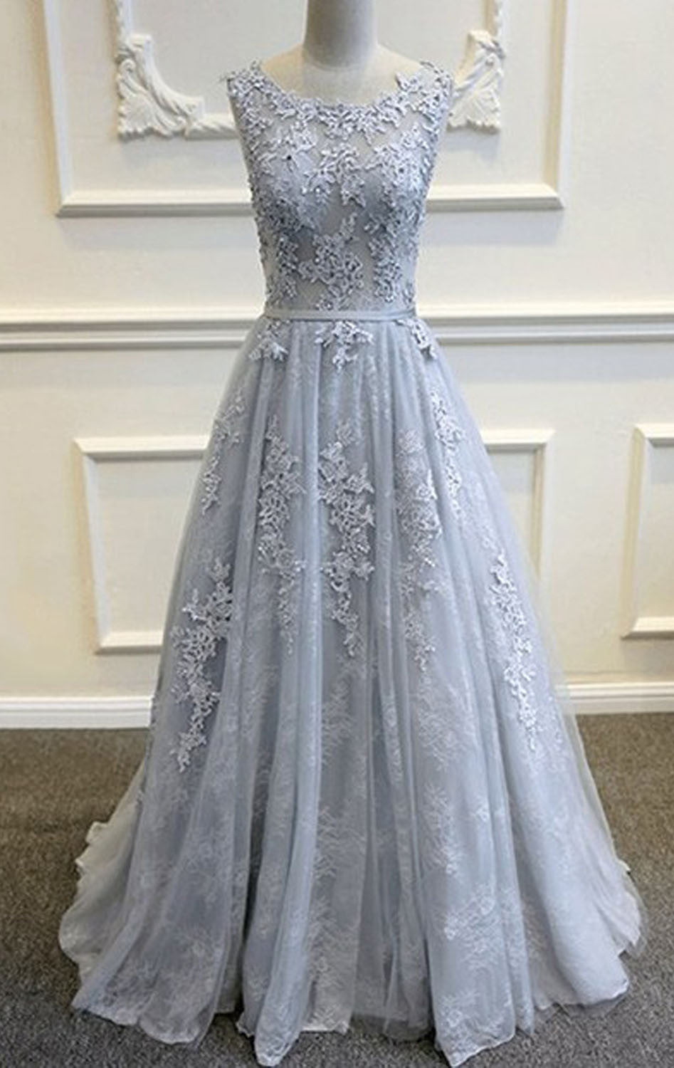 Macloth Straps A Line Lace Long Prom Dress Silver Ball Gown Silver / Above Knee / US10 Macloth Straps A Line Lace Long Prom Dress Silver Ball Gown Silver / Above Knee / US10
