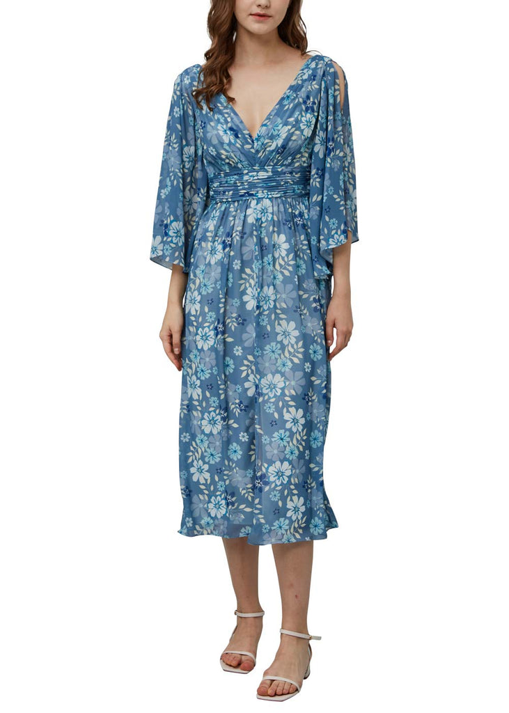 MissJophiel V Neck 3/4 Sleeves Tea Length Floral Casual Wedding Party Summer Guest Dresses