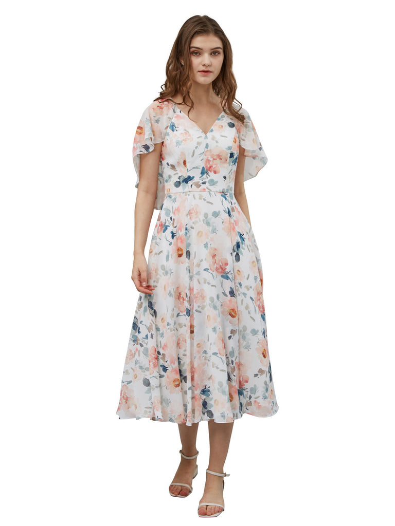 MissJophiel Batwing Short Sleeves Tea Length Casual Wedding Party Guest Bridesmaid Dresses