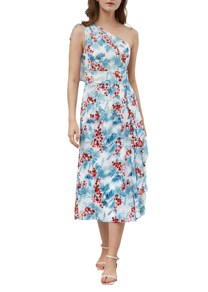 MissJophiel Women One Shoulder Tea Length Floral Dresses for Wedding Bride Party Guest Bridesmaid Causal Cocktail
