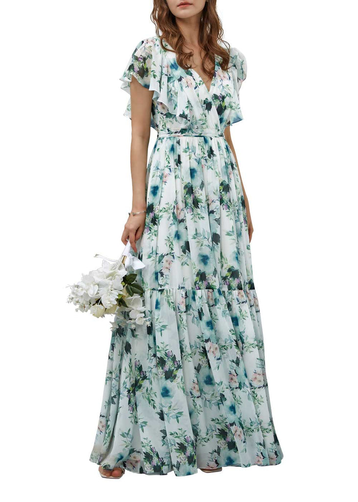 MissJophiel Women V Neck Surplice Ruffle Floral Tiered Maxi Long Wedding Party Bridesmaid Evening Dinner Prom Gown