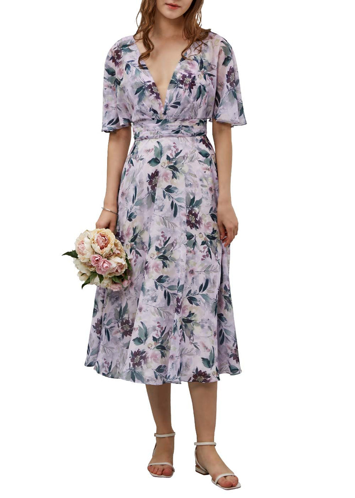 MissJophiel Women Lavender Purple V Neck Floral Tea Length Wedding Party Guest Summer Dresses Cocktail Casual