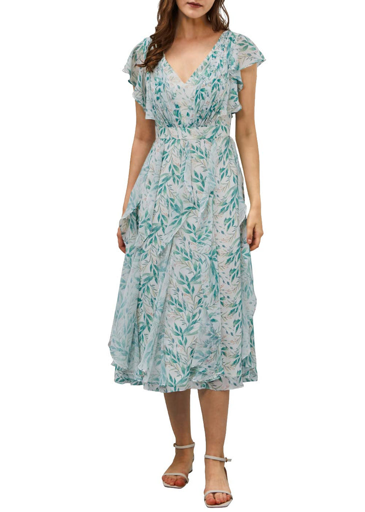 MissJophiel Women Ruffle Short Sleeves Turquoise Tea Length V Neck Floral Wedding Party Guest Dresses Cocktail Causal