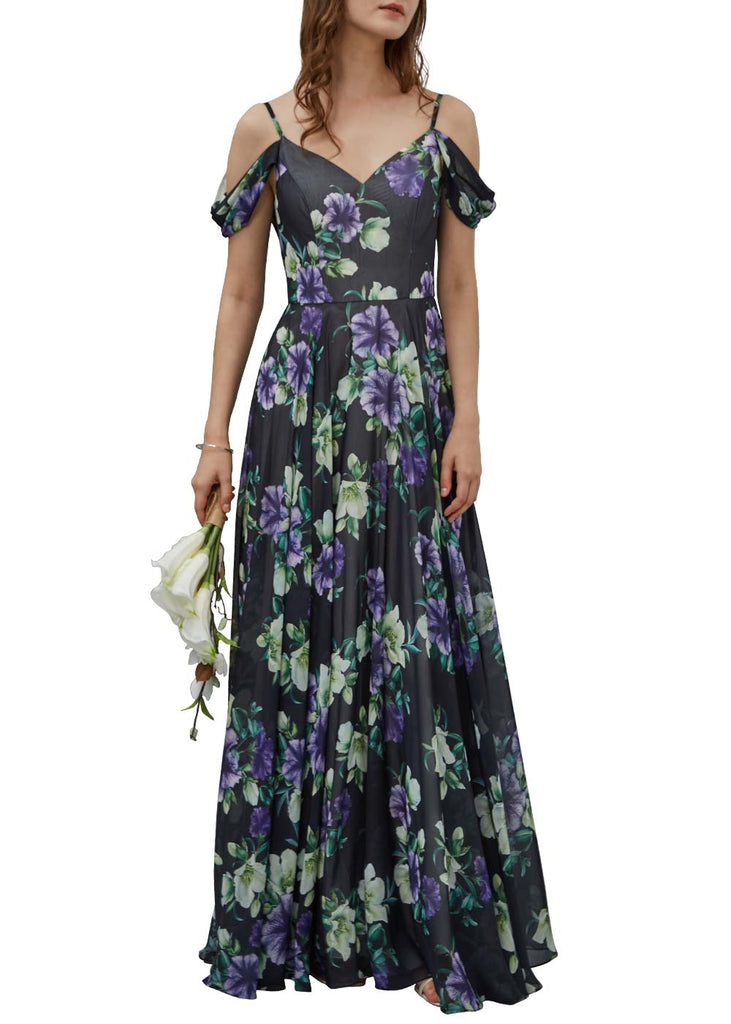 MissJophiel Women Floral Long Maxi Off Shoulder Black Wedding Bride Party Bridesmaid Dresses Evening Gown