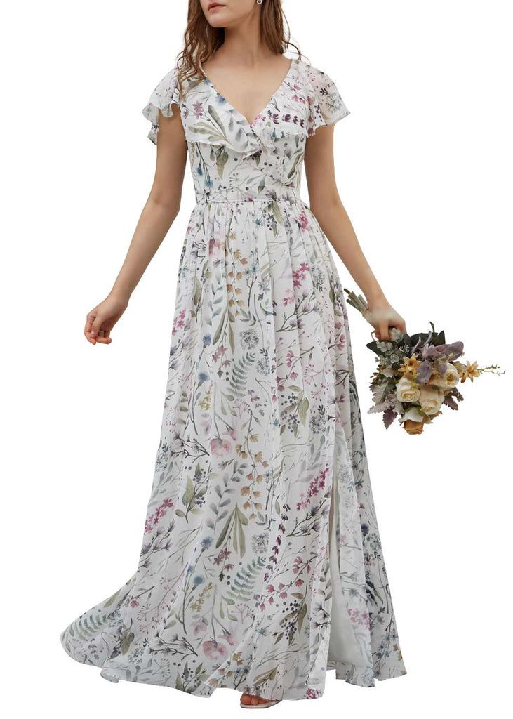 MissJophiel Women Cape Sleeves V Neck Floral Print Long Wedding Party Bridesmaid Guest Dress Prom Formal Evening