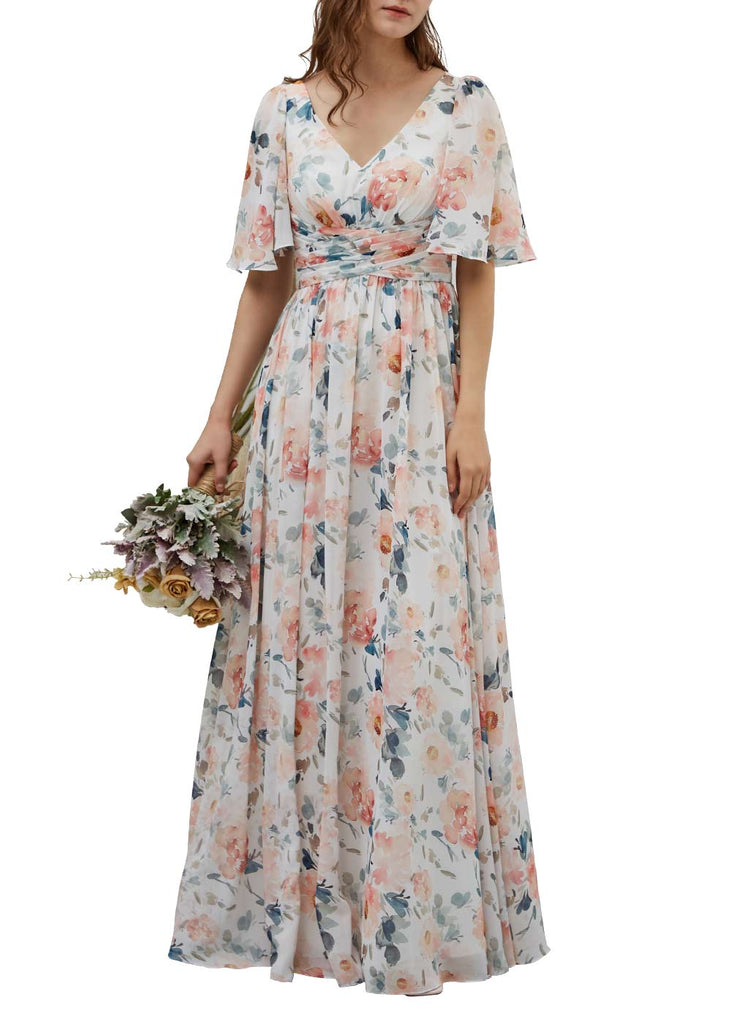 Missjophiel Women V Neck Ruffled Half Sleeves Long Pink Wedding Party Bridesmaid Dresses Prom Formal Evening