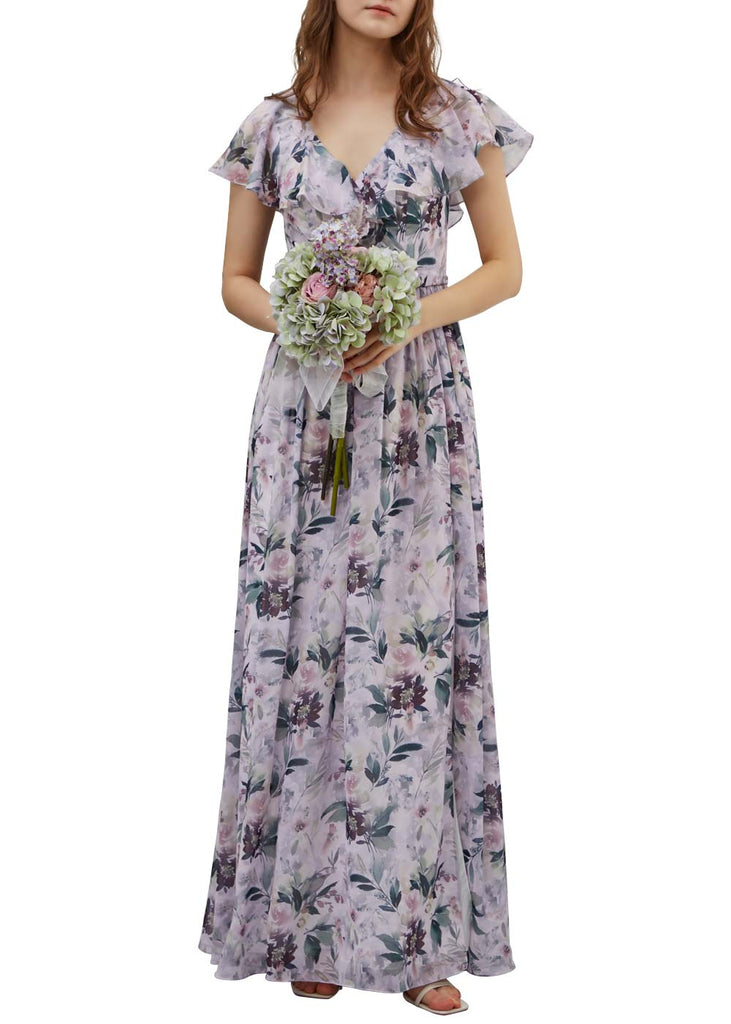 MissJophiel Women Cape Sleeeves V Neck Maxi Long Lavender Wedding Bride Party Bridesmaid Dresses Guest Evening Casual