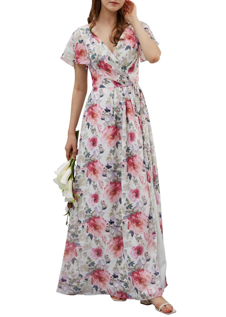 MissJophiel Women Ruffled Short Sleeves Maxi Long Weding Bride Party Bridesmaid Dresses Guest Evening Prom