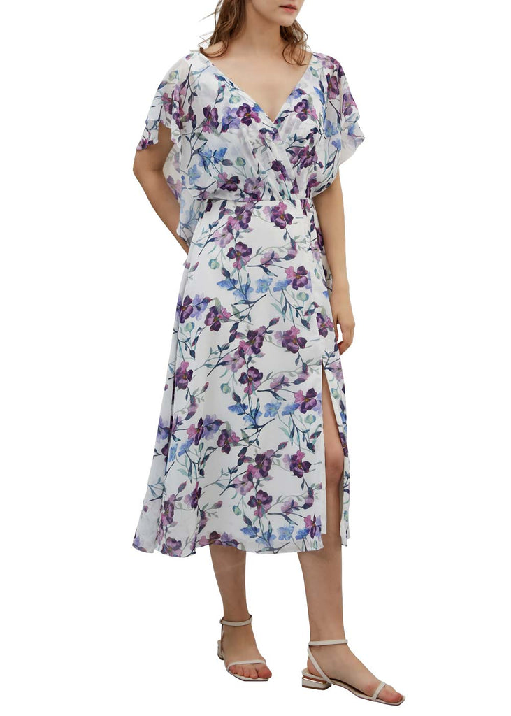 MissJophiel Women Short Cape Sleeves Midi Purple Foral Wedding Bride Mother Party Guest Dresses Casual Prom Homecoming