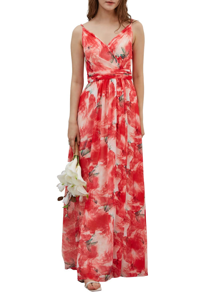MissJophiel Women V Neck Red Floral Maxi Long Wedding Party Bridesmaid Dresses Prom Gown Causal Formal Evening
