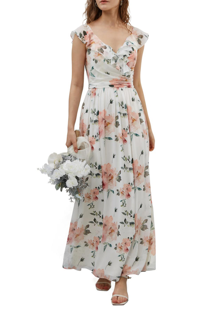 MissJophiel Cap Sleeves V Neck Long Floral Dresses for Women Wedding Party Guest Casual Spring Summer