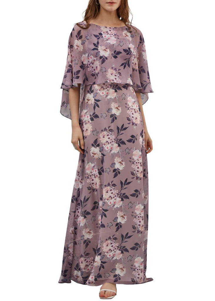 MissJophiel Women Dusty Violet Boat Neck Cape Sleeves Maxi Long Wedding Party Formal Evening Bridesmaid Evening Dresses