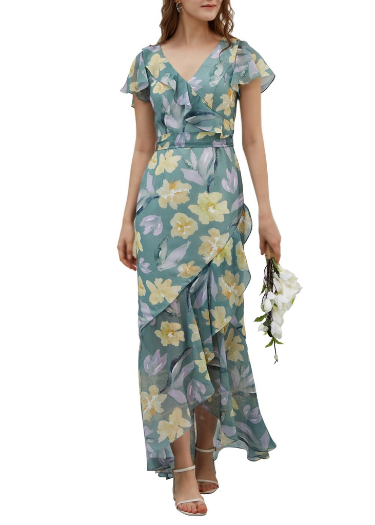 MissJophiel Ruffle Short Cap Sleeeves Tiered High Low Wedding Party Bridesmaid Guest Dresses Cocktail