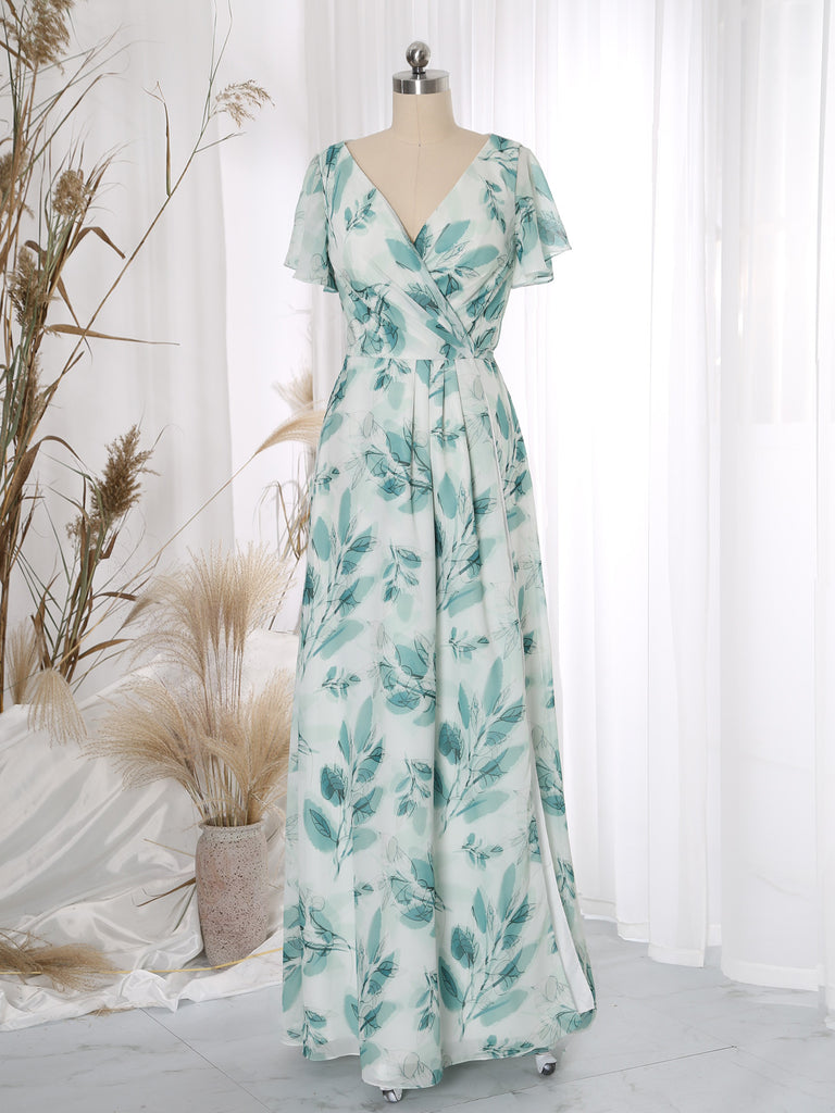 MissJophiel V Neck Wrap Flowy Leaf Pattern Short Sleeve Floor Length Wedding Party Bridesmaid Guest Dresses