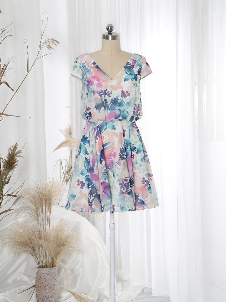 MissJophiel V Neck Cap Sleeve Short A line Abrstract Floral Wedding Party Bridesmaid Guest Cocktail Dresses