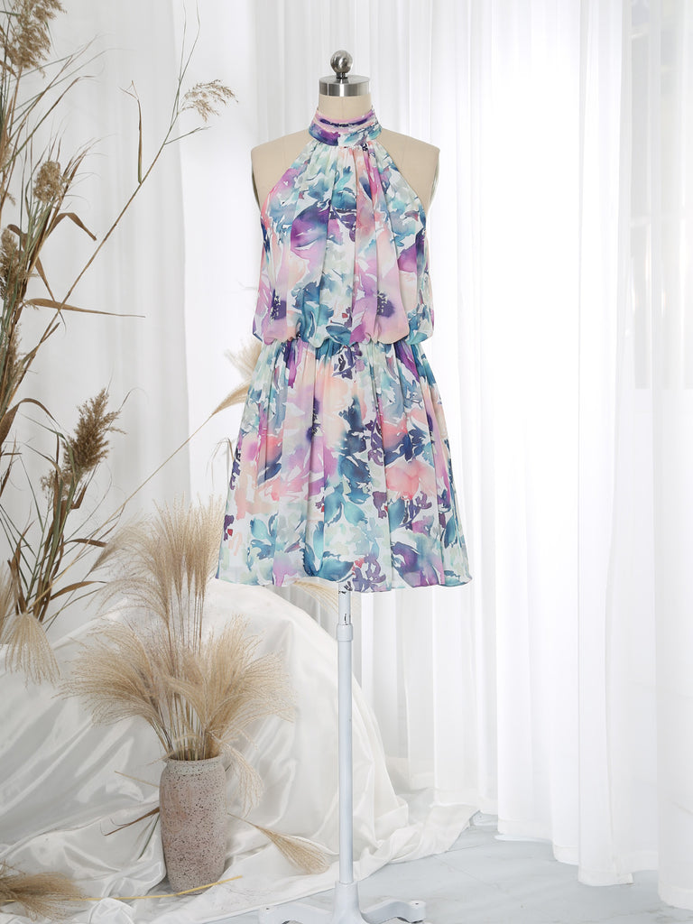 MissJophiel Women Halter High Neck Short Above Knee Abstract Multi-Color Casual Cocktail Dresses