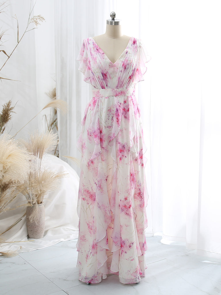 MissJophiel V Neck Ruffled Short Sleeve Floor Length Long Pink Wedding Party Bridesmaid Guest Formal Evening Dresses