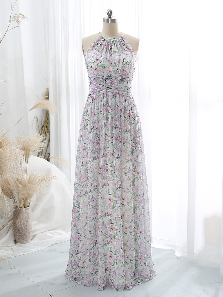 MissJophiel Halter Empire Waist Floor Length Long Floral Lavender Wedding Party Bridesmaid Dresses Formal Gown