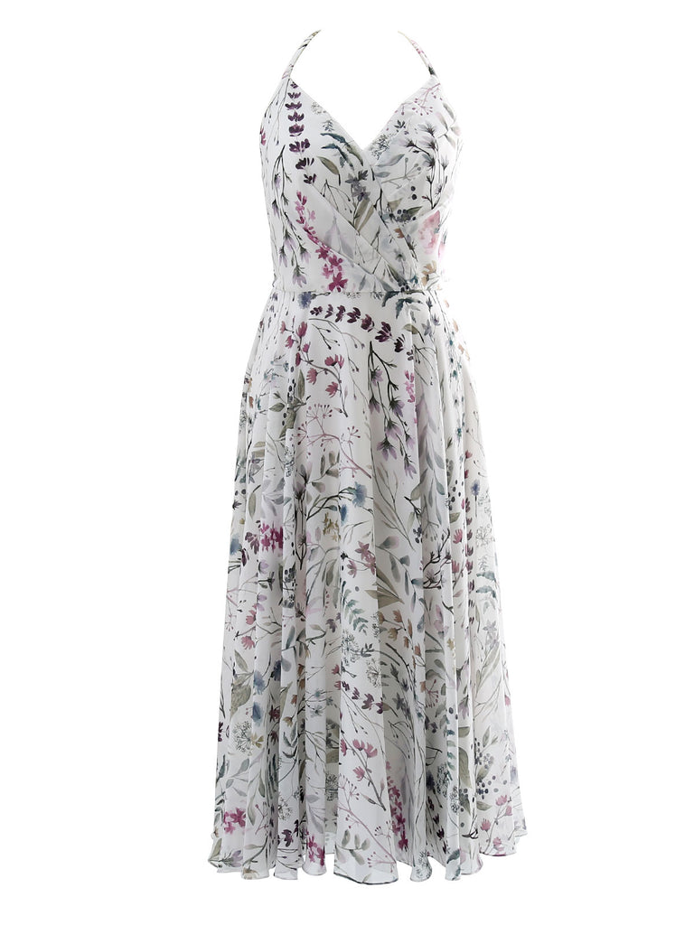 V Neck Tea Length A Line Floral Pattern Keyhole Back Wedding Party Guest Dresses