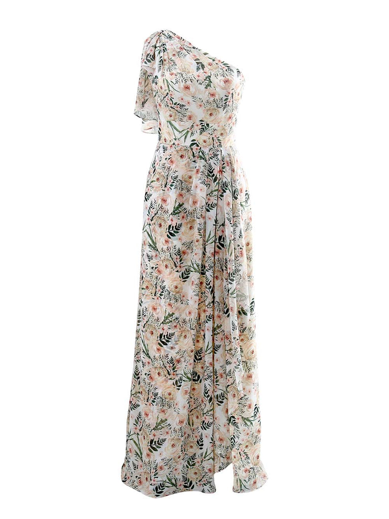 MissJophiel One shoulder Ruffled Sleeve Floor Length Long Draped Floral Wedding Bridesmaid Dresses