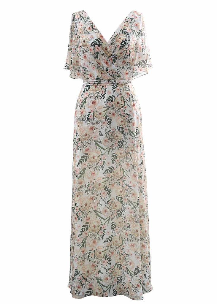 V Neck Ruffled Half Sleeeve Long Pleated Floral Wedding Party Guest Formal Dresses