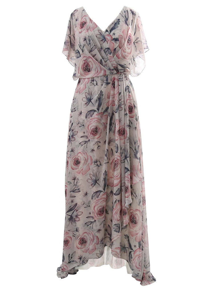 MissJophiel V Neck Draped High Low Flowy Short Sleeve Floral Wedding Party Guest Dresses