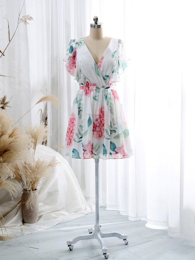 MissJophiel V Neck Ruffled Sleeve Short Above Knee Wedding Party Causal Cocktail Dresses
