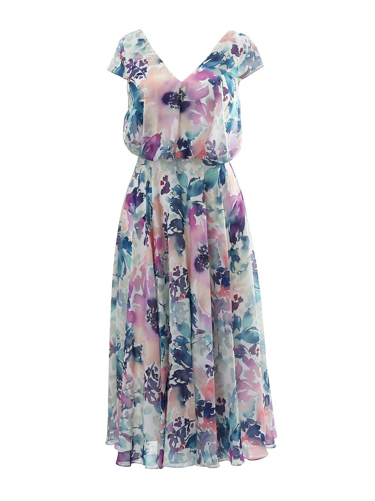 MissJophiel V Neck Cap Sleeve Tea Length Semi Formal Wedding Party Guest Bridesmaid Dresses