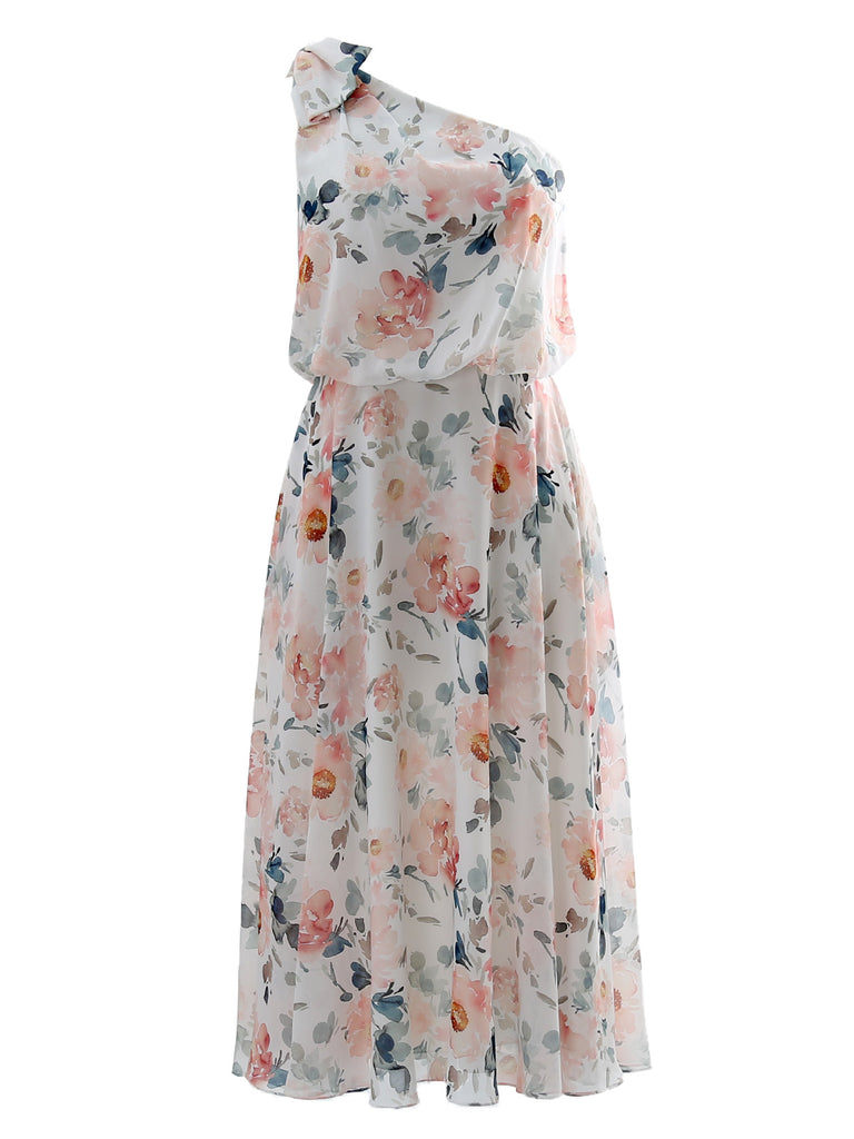 MissJophiel One Shoulder Tea Length Floral Pattern Wedding Party Guest Bridesmaid Dresses