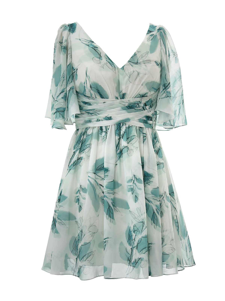 MissJophiel V Neck Short Ruched Empire Waist Floral Pattern Sprint Summer Cocktail Dresses