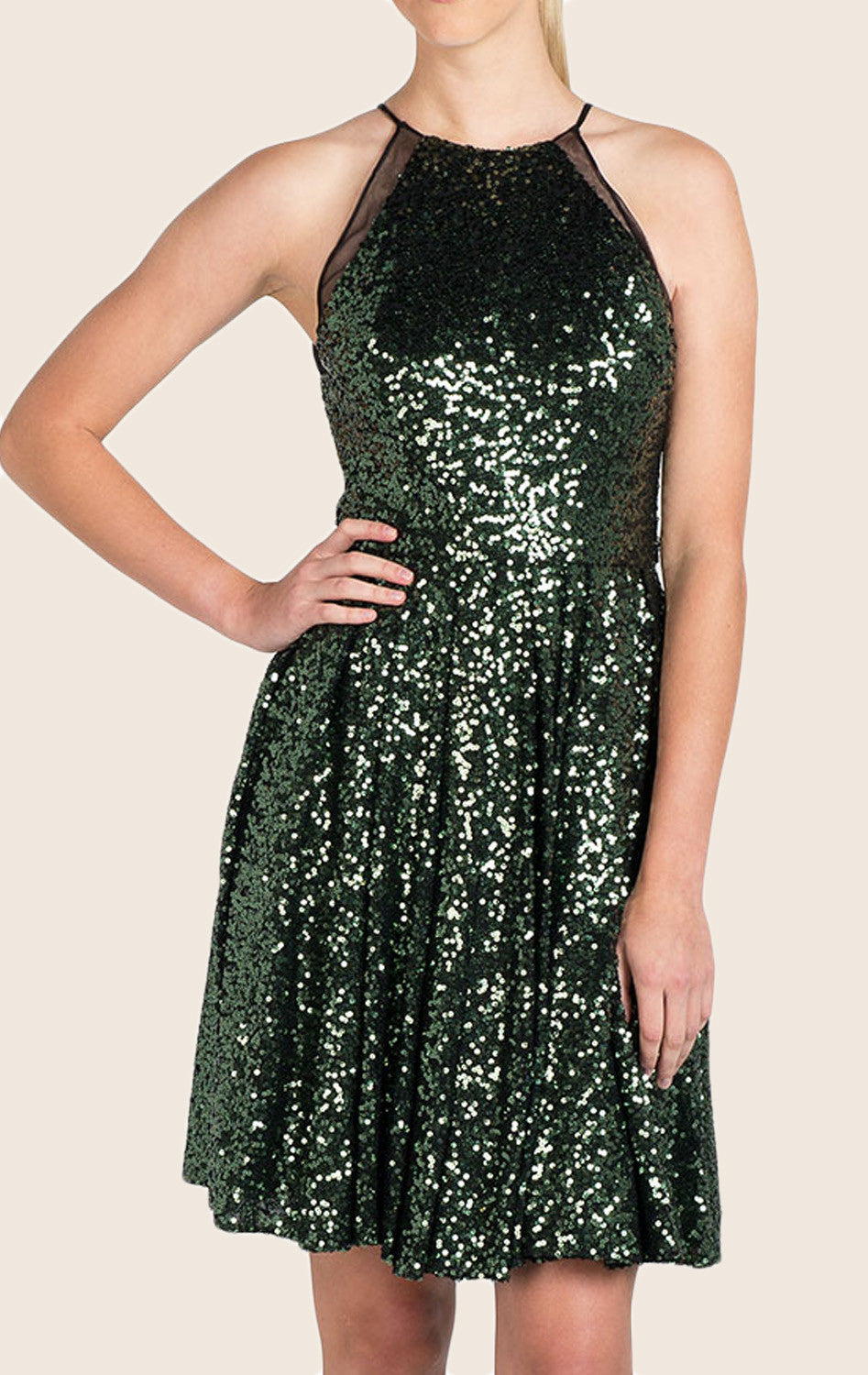 MACloth Halter O Neck Sequin Cocktail Dress Short Bridesmaid Dress Dark Green / Above Knee / US8
