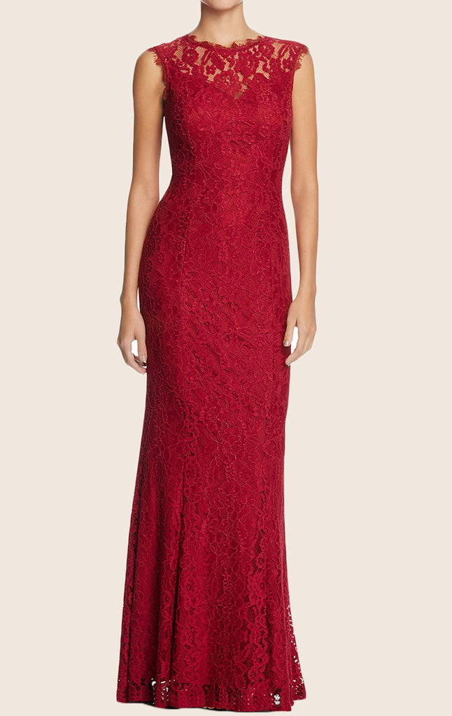 MACloth Sheath Lace Formal Evening Gown with Open Back Burgundy Prom Gown