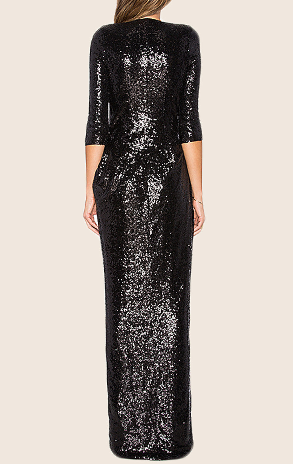 MACloth Half Sleeves Deep V Neck Sequin Evening Gown Black Formal Party Dress