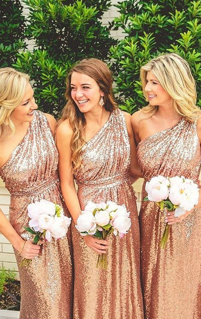 MACloth Langes Brautjungfernkleid mit One-Shoulder-Träger und Pailletten in Roségold