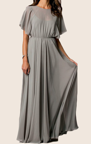MACloth V Back Cap Sleeves Chiffon Long Bridesmaid Dress Gray Formal Gown