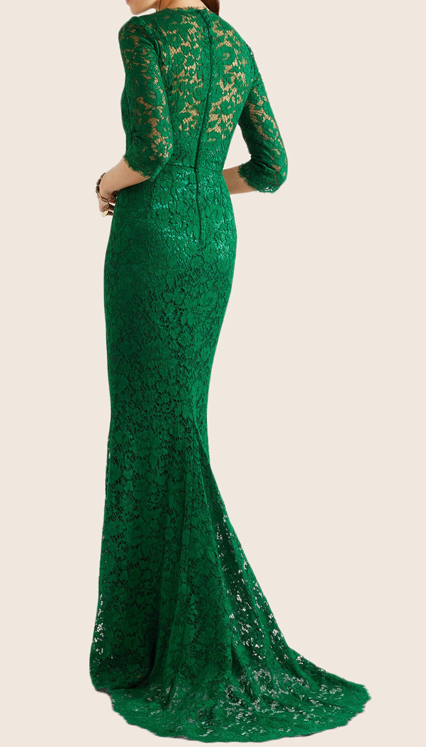 MACloth Mermaid 3/4 Sleeves Lace Evening Gown Green Formal Dress