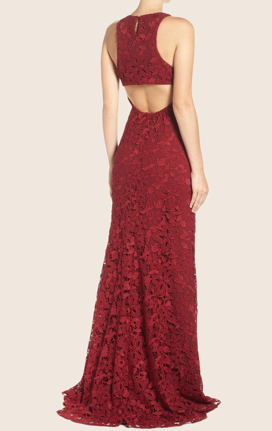 MACloth O Neck Lace Maxi Formal Evening Gown Burgundy Prom Dress