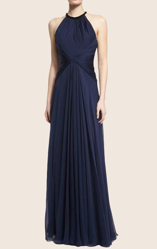 MACloth O Neck Lux Chiffon Maxi Evening Gown Dark Navy Formal Dress