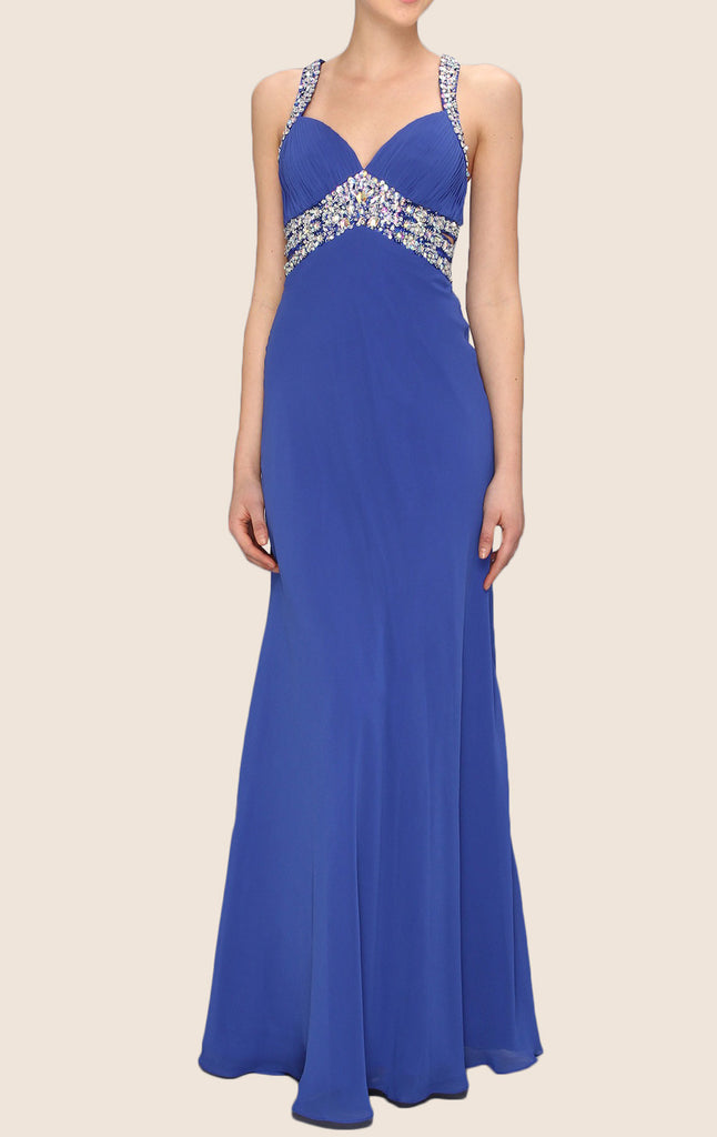 MACloth Straps V Neck Crystals Chiffon Long Prom Dress Royal Blue Formal Gown