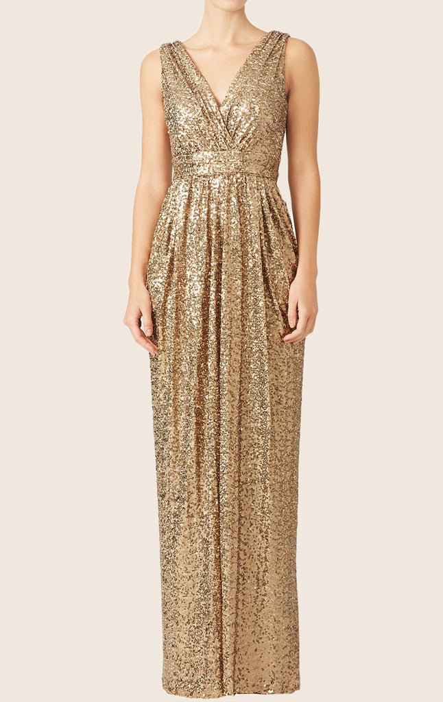 MACloth Straps V Neck Sequin Long Bridesmaid Dress Gold Formal Gown